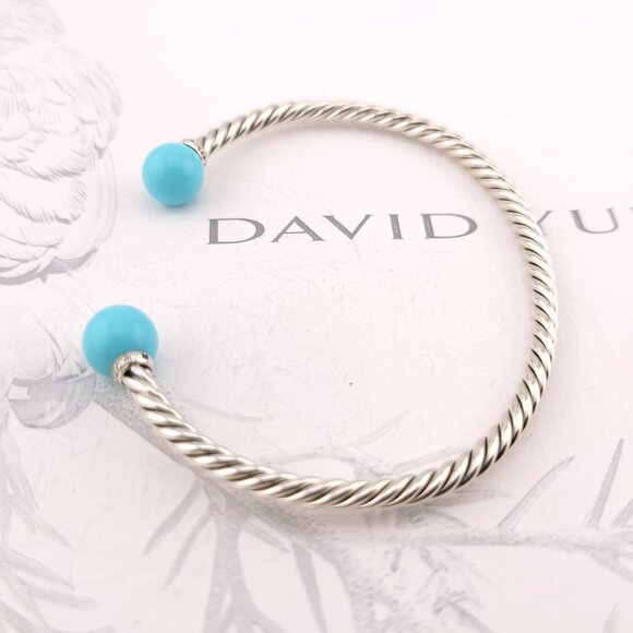 David Yurman Sterling Silver Diamonds & Turquoise Solari 3.5mm Bangle Bracelet - Picture 8 of 10